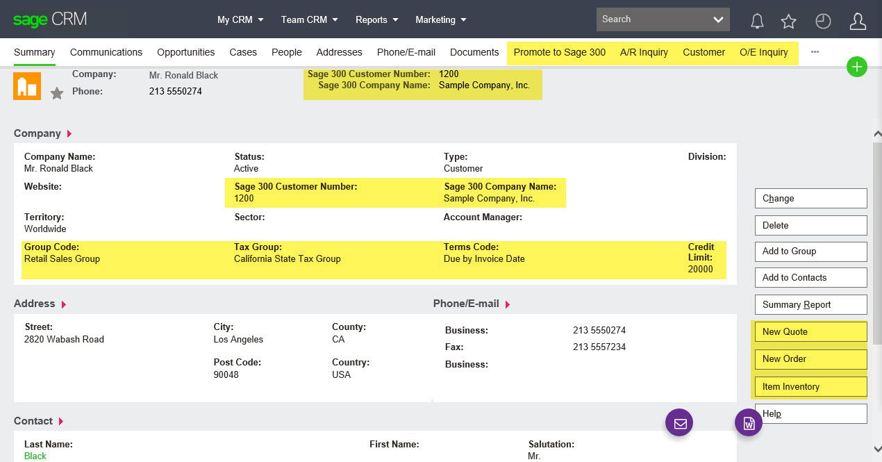 Sage 300 customer record integration