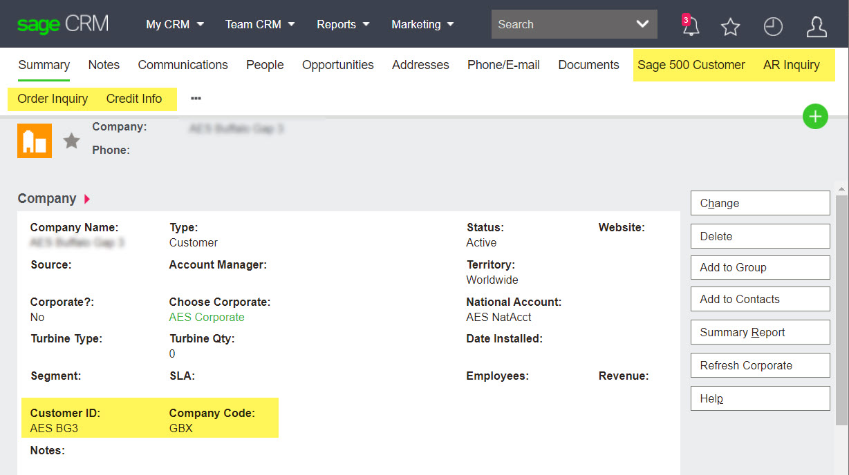 Sage 500 company summary screen