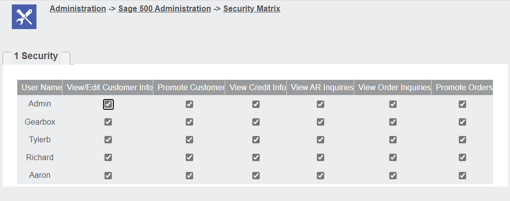 Sage 500 security matrix