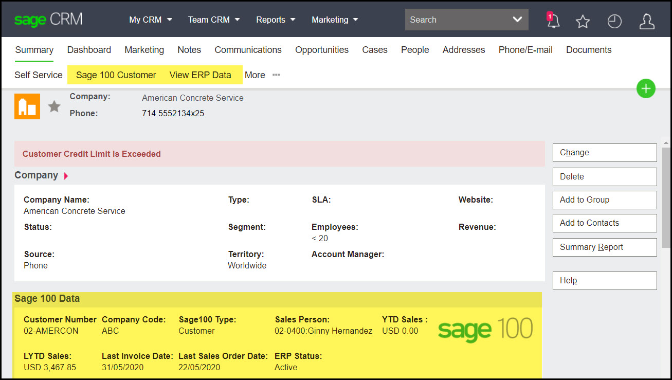 Sage 100 CRM company fields