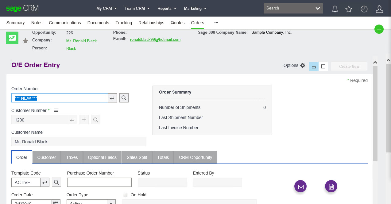 Sage 300 order screen