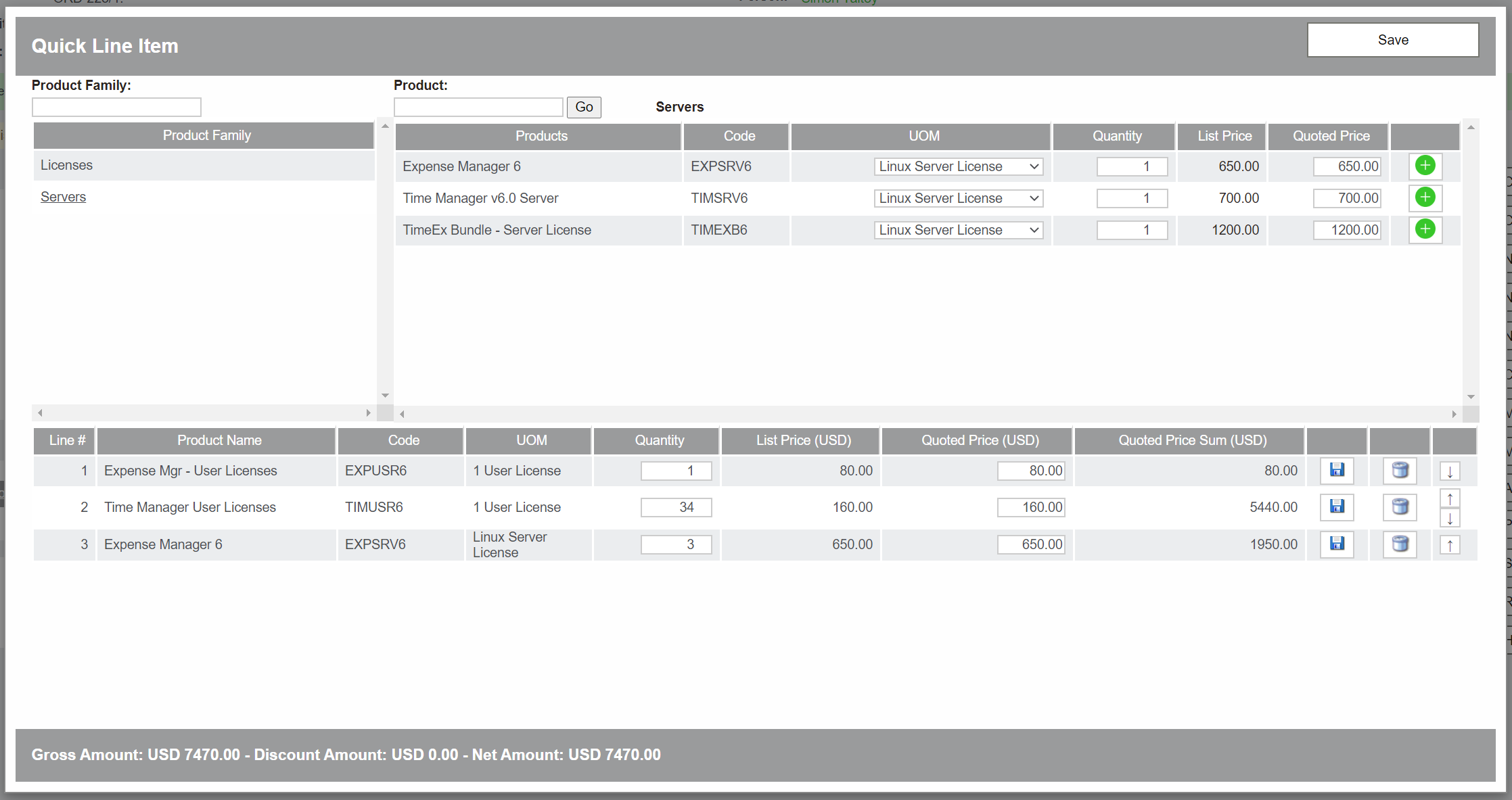 Quick line item entry