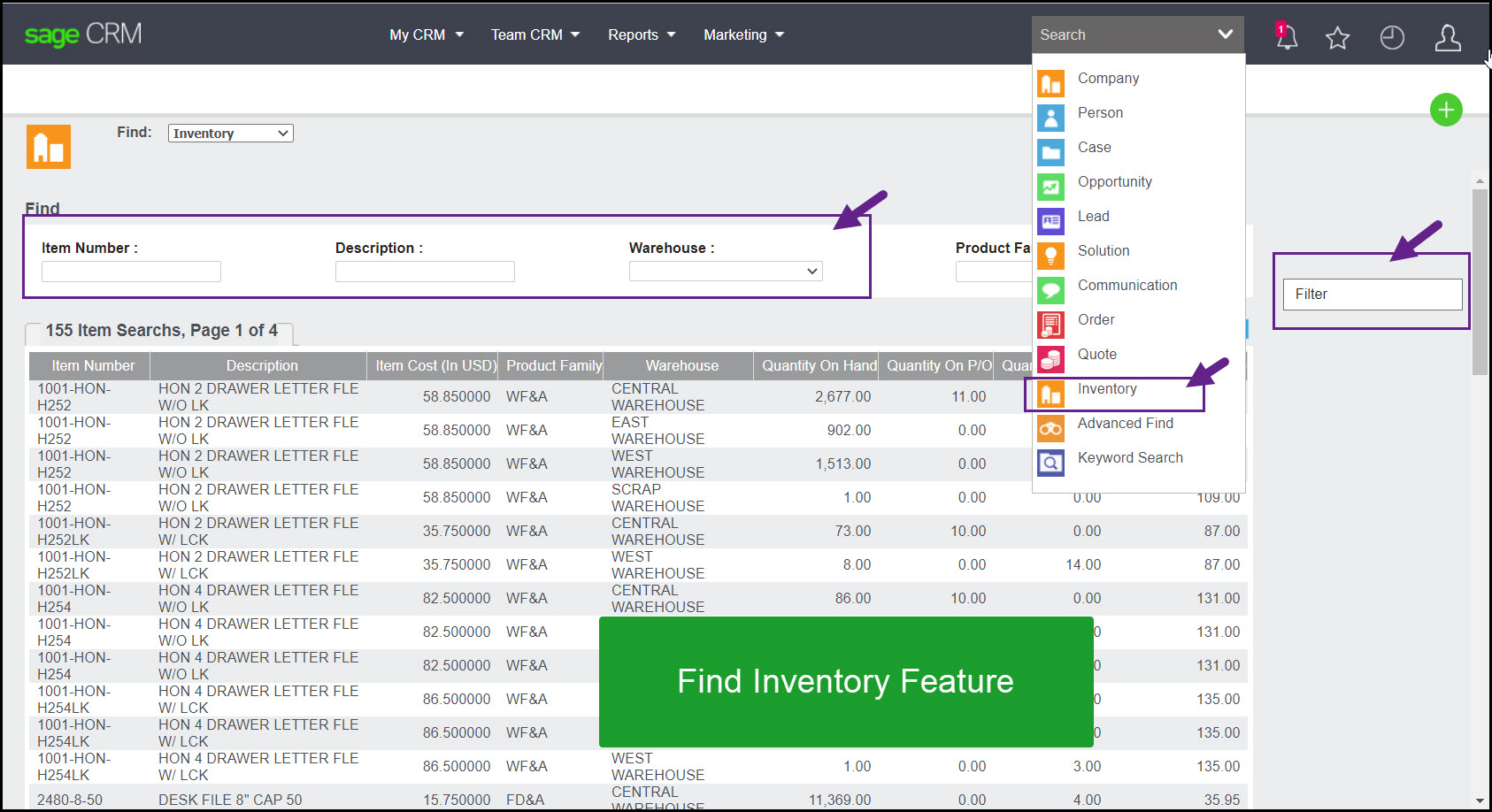 Sage 100 inventory finder