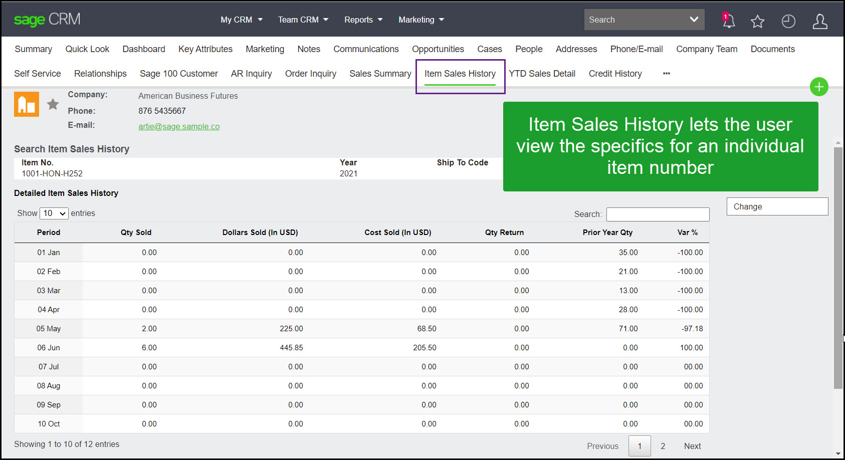 Sage 100 item sales history
