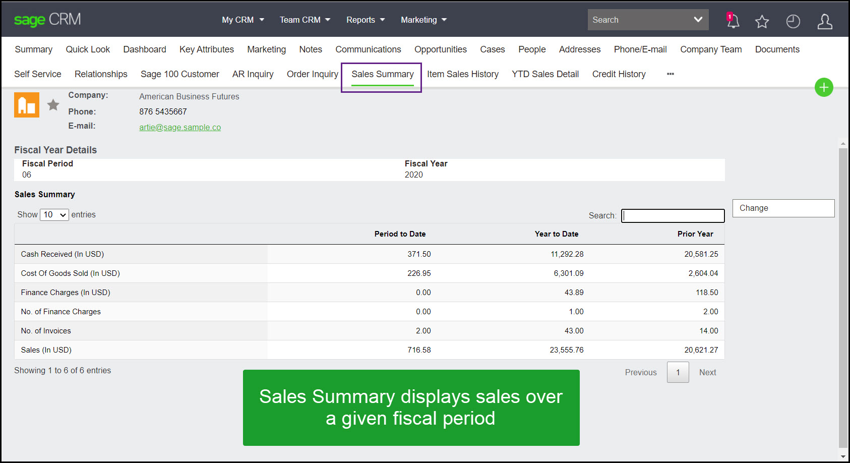 Sage 100 sales summary