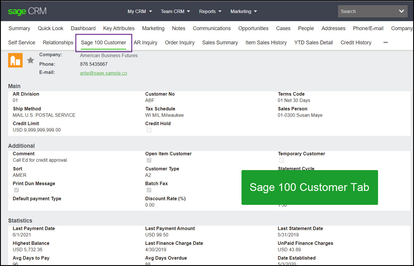 Sage 100 customer details tab