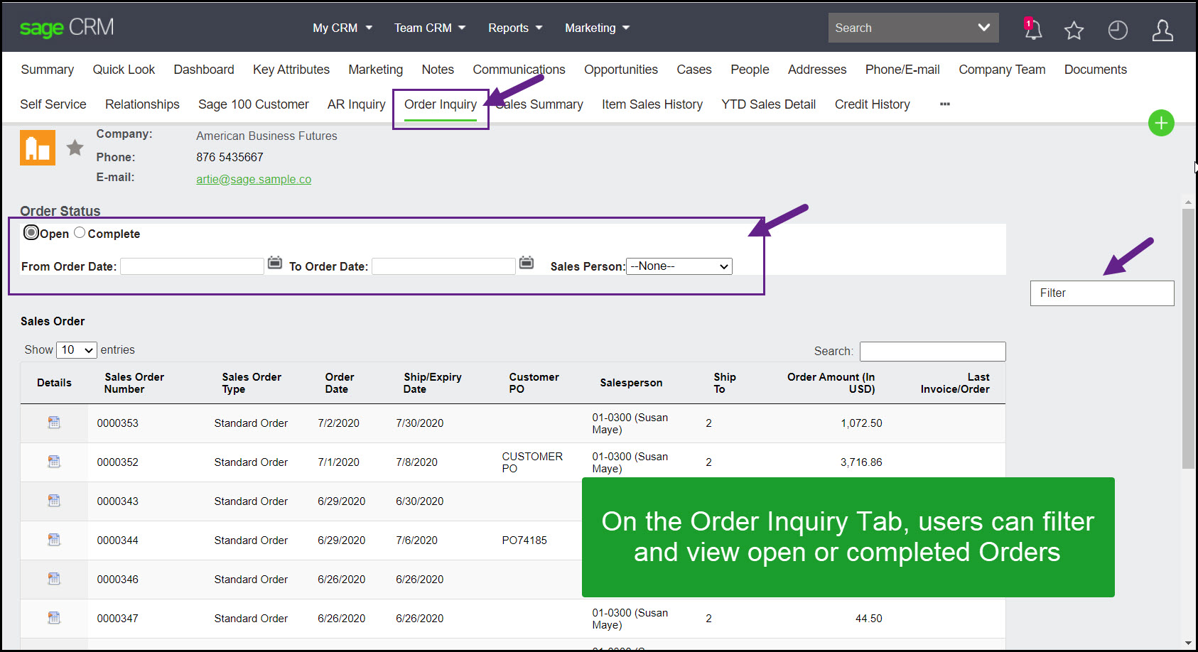 Sage 500 order inquiry