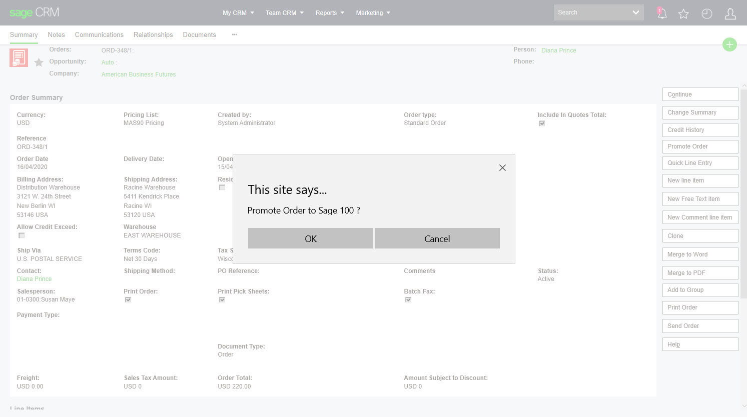 Sage 500 promote order