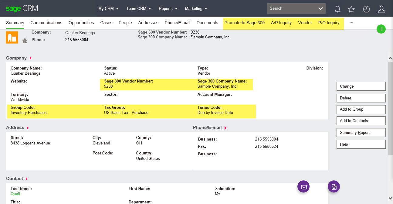 Sage 300 vendor record